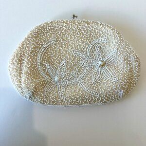 Neiman Marcus Vintage White & Cream Beaded Clutch Purse Handbag